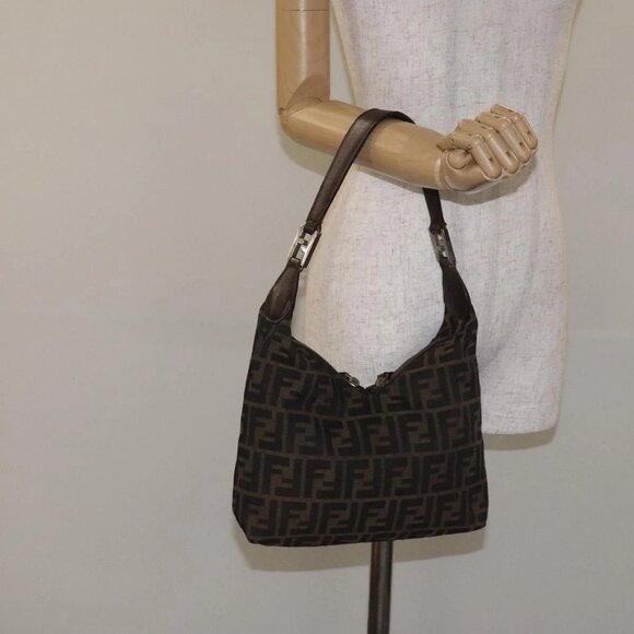 FENDI Zucca Canvas Shoulder Bag Black Brown Auth 129931 - Picture 1 of 16